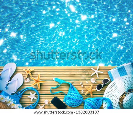 Straw hat, sunglasses and other beach accessories. Summer Holidays concept