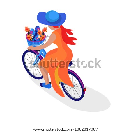 Woman riding in a bicycle. Isometric illustration. Back view