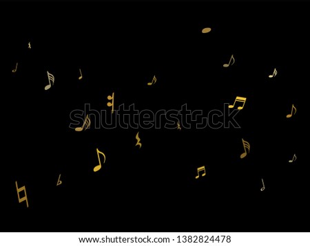 Gold flying musical notes isolated on black backdrop. Metallic musical notation symphony signs, notes for sound and tune music. Vector symbols for melody recording, prints and back layers.