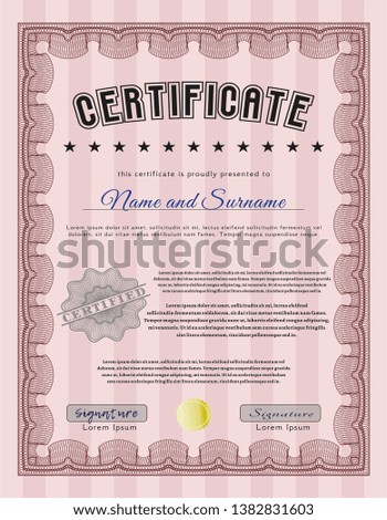 Red Diploma or certificate template. Sophisticated design. Printer friendly. Detailed. 