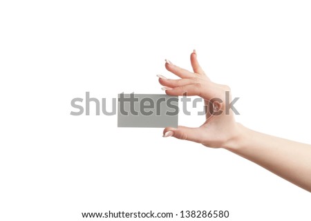 emale hand holding a blank business card