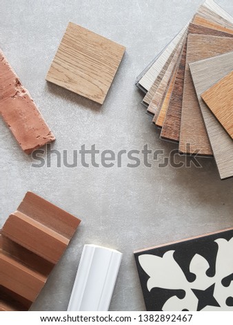 samples of material, wood , on concrete table.Interior design select material for idea.
