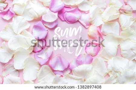 Minimal style. Minimalist Fashion photography. Pink rose petals set on white background. Flatlay. Top View
