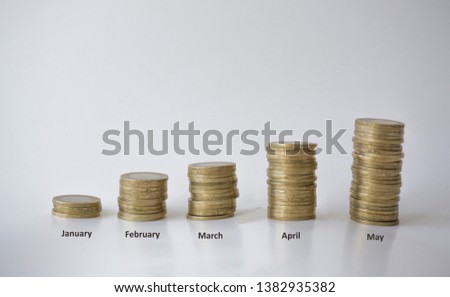 Saving and growth concept with metal coins isolated on white background. Saving money in January, February, March, April and May for new summer holiday season. Step by step.