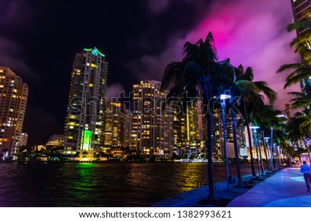 Colorful night in Miami Riverwalk. Southern Florida, USA