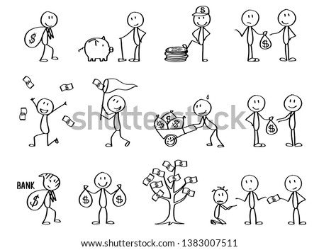 Set of stick figures with the topic Money and finances. Symbolizing rich and poor people and emotions around money. Presentation stick men. Royalty-Free Stock Photo #1383007511