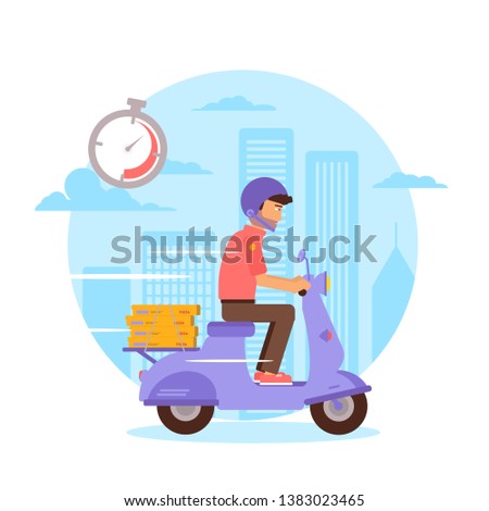 Italian pizza courier riding motorbike flat character. Delivery guy riding scooter wearing protective helmet drawing. Food carrier vector cartoon . Ordering lunch, dinner illustration