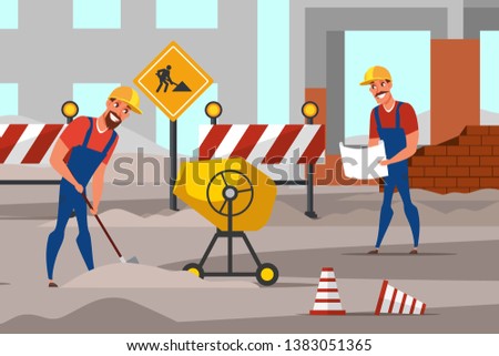 Repairmen working flat vector illustration. Handymen cartoon characters repairing road, digging ground. Concrete, cement mixer isolated design element. Road works, under construction building