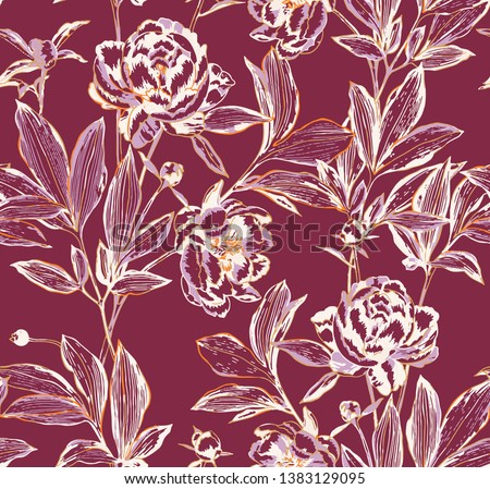 Vector botanical seamless pattern. Elegant peonies, buds and leaves. Contour drawing, etching graphic technique. Vintage background with beautiful flowers for textile, fabric, wallpaper and wrapping.