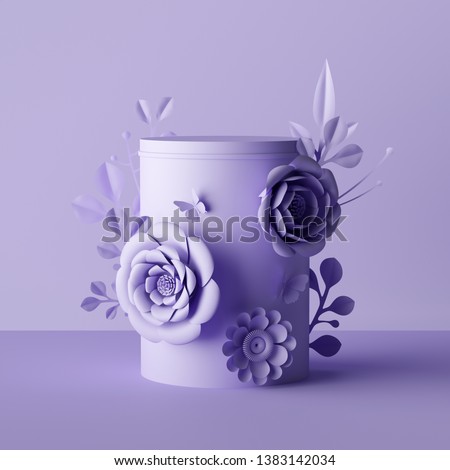 3d render, violet botanical background, cylinder pedestal decorated with paper flowers, floral package, gift box mockup, blank cosmetics store showcase stand, fashion background, presentation template