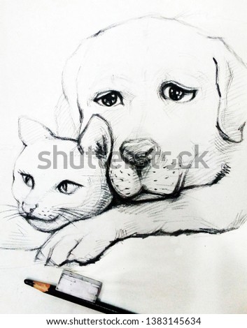 Art  Drawing  Cats, dogs love each other,  sketch , stroke drawing