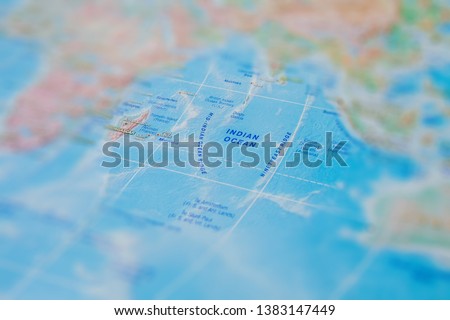 Indian Ocean in close up on the map. Focus on the name Indian Ocean. Vignetting effect.