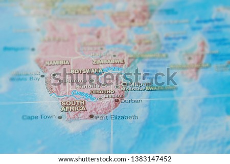 South Africa in close up on the map. Focus on the name of country. Vignetting effect.