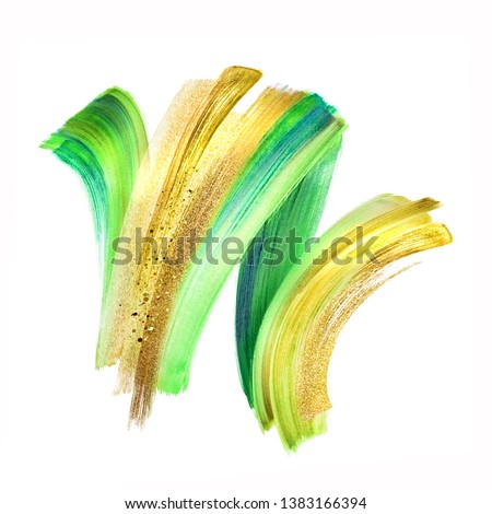 digital illustration, green gold paint, brush stroke isolated on white background, neon paint smear, colorful clip art, artistic design element
