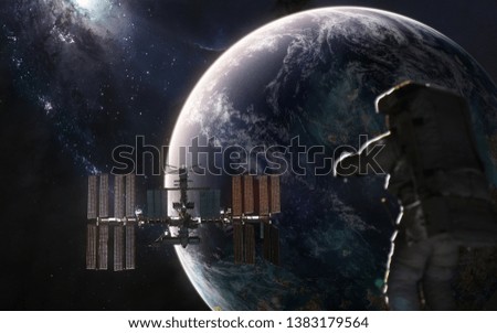 Exoplanet in deep space. Astronaut, space station, galaxy. Science fiction art. Image in 5K for desktop wallpaper. Elements of the image were furnished by NASA