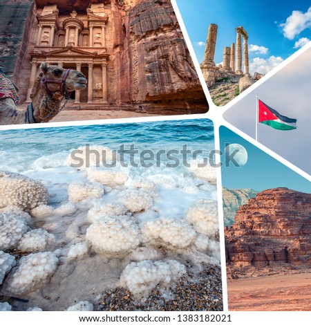 Colorful tourist photos of Jordan images are collage