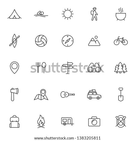 summer camping outline vector icons set isolated on white background. camping outline flat icons for web and ui design. summer camping recreation concept