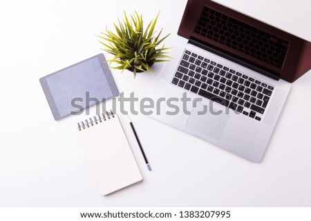 Workspace in office: white desk with notebook, tablet, blank notebook and green flower.