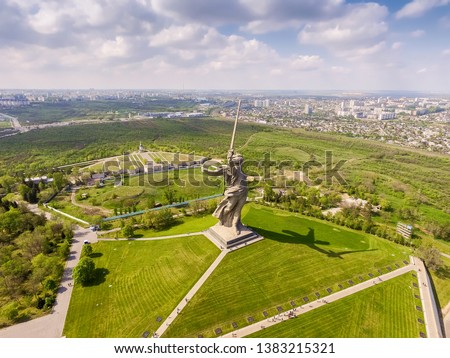 View above on Central district Volgograd city near Volga River. View of Mamayev Kurgan, hill with memorial complex commemorating Battle of Stalingrad in World War II. Volgograd, Russia.