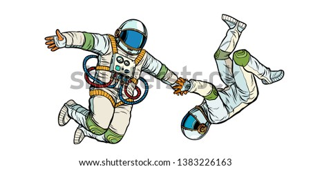 a couple in love, astronauts holding hands. Pop art retro vector illustration kitsch vintage Royalty-Free Stock Photo #1383226163