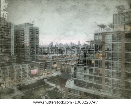 Liberty Village in Toronto, Canada. Condos and city skyline.