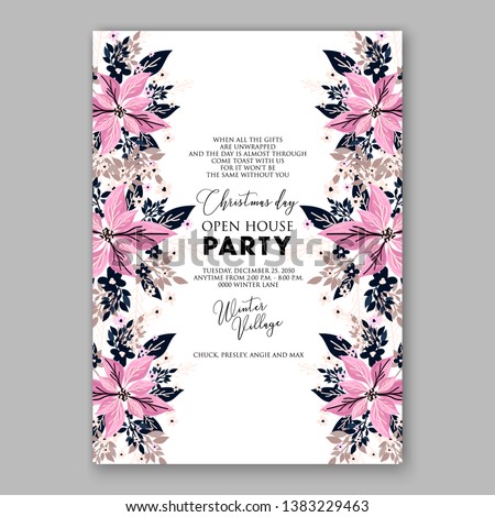 Poinsettia Christmas Party Invitation Winter pink flower wreath illustration card template Fir tree branch red blue berry navy blue leaf greenery