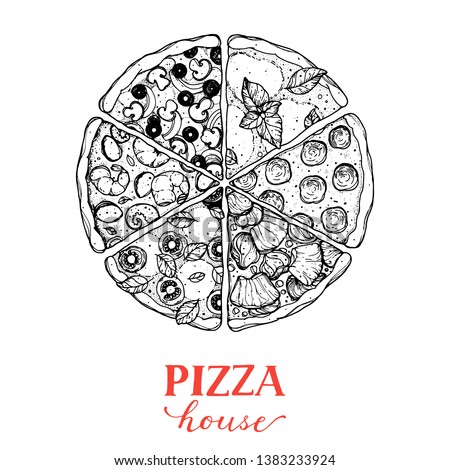 Italian pizza vector illustration. Hand drawn sketch pizza. Italian food. Package design. Pizza slices in a circle.