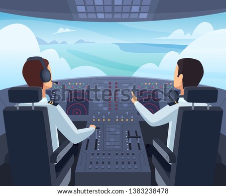 Airplane cockpit. Pilots sitting front of dashboard aircraft inside vector cartoon illustrations Royalty-Free Stock Photo #1383238478