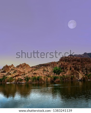 Desert moon over the southwestern pond USA Sonora desert and mountains