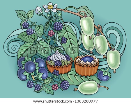 Fruits, berries, sweets hand drawn vector doodles illustration. Nature and food elements and objects cartoon background. Bright colors funny picture