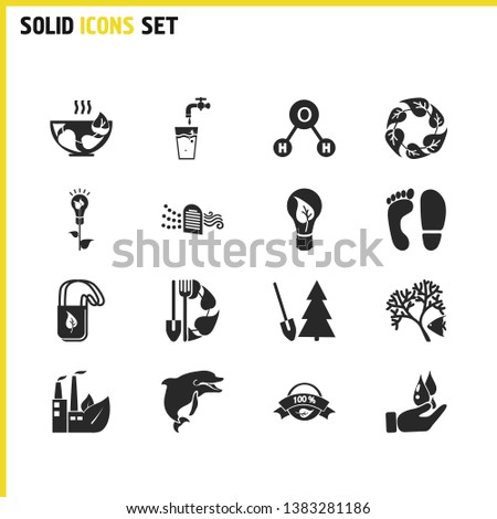 Environment icons set with power of nature, afforestation and ecology elements. Set of environment icons and eco bulb concept. Editable vector elements for logo app UI design.