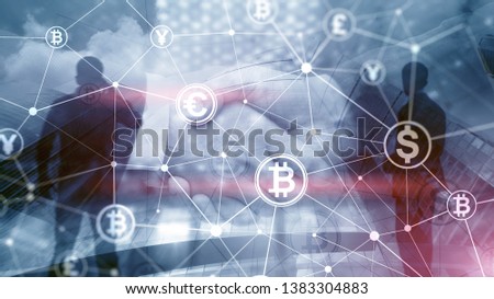 Double exposure Bitcoin and blockchain concept. Digital economy and currency trading