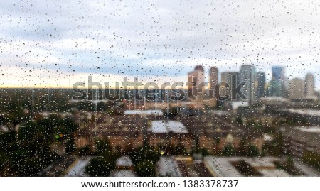 Houston city view with rain drops