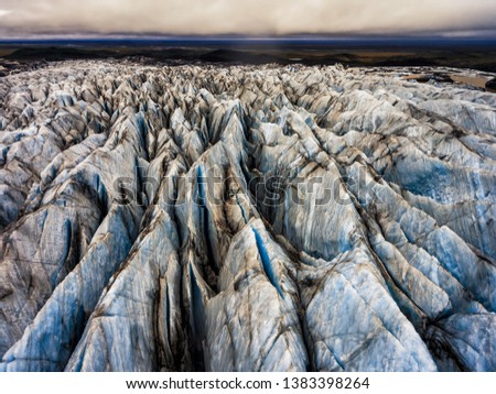 Aerial view beautiful scenery landscape of Svinafellsjokull Glacier in Vatnajokull National Park in Iceland.