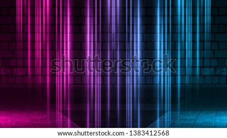 Empty scene background. Brick wall with multicolored neon lights and smoke. Neon shapes on a dark background. Dark abstract background