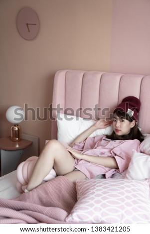 Lazy girl laying on bed in the morning with Pink & oldrose theme interior / interior design / lazy girl / portrait studio