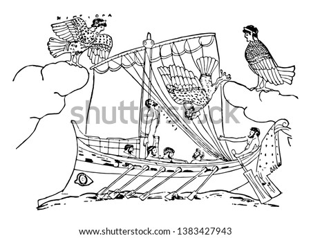 In this image a hydria or vase painted by the image shows Ulysses and the sirens from Homer's Odyssey, vintage line drawing or engraving illustration. Royalty-Free Stock Photo #1383427943