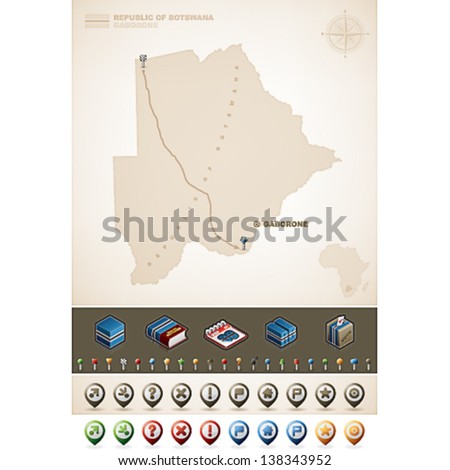 Republic of Botswana and Africa maps, plus extra set of isometric icons & cartography symbols set