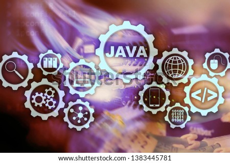  Java Programming concept. Virtual machine. On server room background.