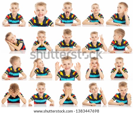 Set of emotional pictures of a boy with big blue eyes in a bright T-shirt, collage. Close-up, white background.