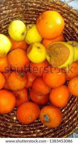 Rotten fruit in a basket due to fungus infection