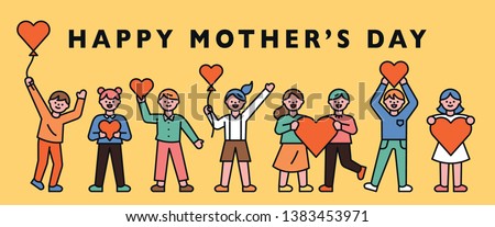 To celebrate Mother 's Day, the children are standing in line with hearts. banner concept. flat design style minimal vector illustration