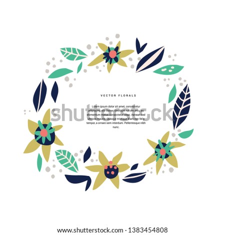 Botanic text circle hand drawn vector template. Decorative round border with vector blossom, bloom. Wreath, foliage cartoon illustration with copyspace in floral frame. Postcard, greeting card design
