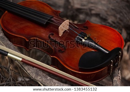 The wooden violin and bow put on wooden timber board,blurry light around