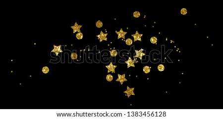 Scattered golden seqines and stars isolated on black background