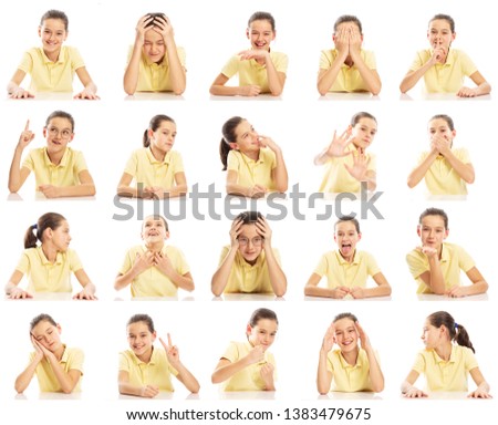 Set of emotional pictures of a teenager girl in a yellow T-shirt, collage. Close-up, white background.