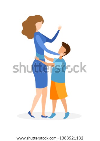 Mother with Child Hugging Flat Vector Illustration. Adult Woman and Little Kid Cartoon Characters. Young Single Mom Spend Time with Son. Motherhood, Happy Family, Mother day Celebration