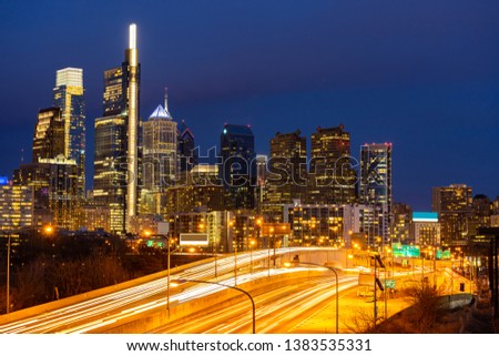 Philadelphia Skylines building sunset in Philly city PA USA