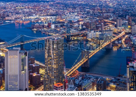 Aerial view of Brooklyn bridge and Manhattan bridge with Brooklyn cityscape skyscrapers bulding from Lower Manhattan in  New York City  New York State NY , USA