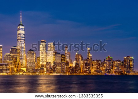 New York city Manhattan skyline cityscape at dusk from New Jersey. 
